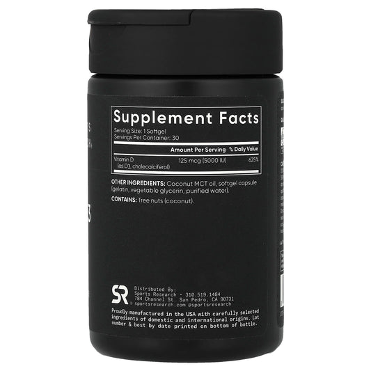 Sports Research, Vitamin D3 with Coconut Oil, 5,000 IU, 30 Softgels