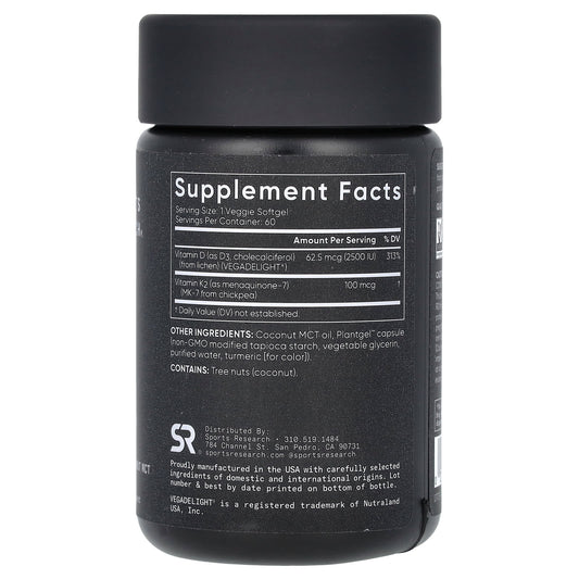 Sports Research D3 + K2, Plant-Based, / 62.5 mcg 60 Softgels