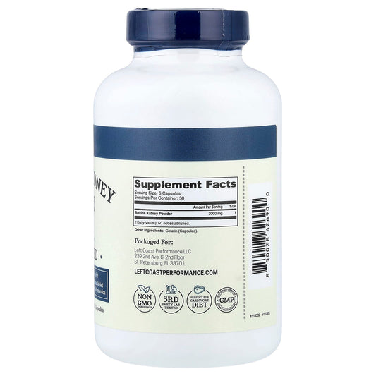 Left Coast Performance, Bovine Kidney, 180 Capsules (500 mg per Capsule)