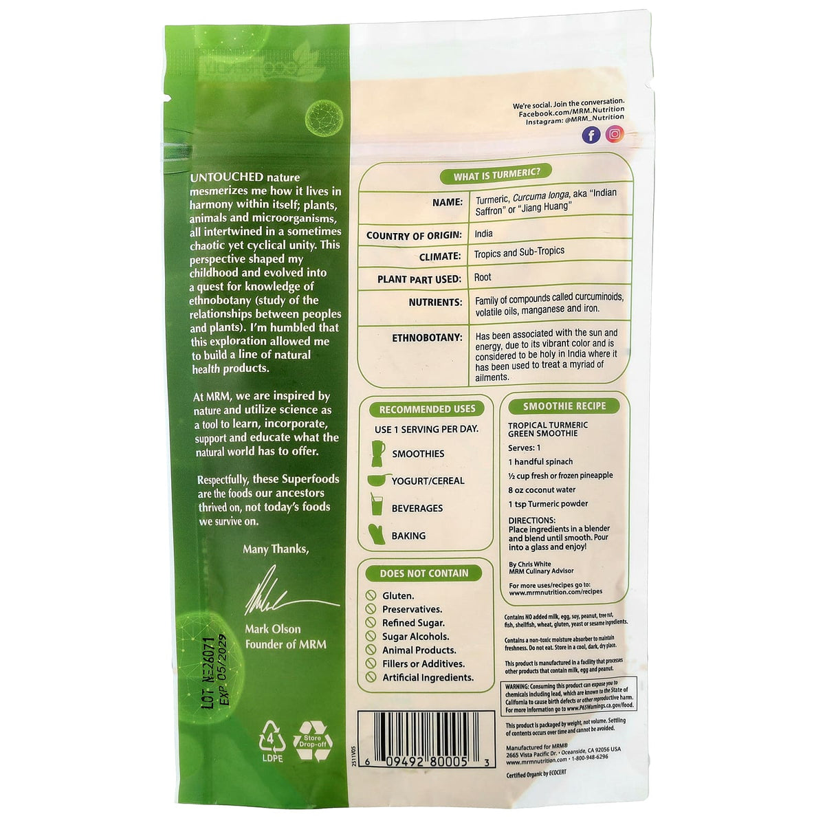 MRM, Raw Organic Turmeric Root Powder, 6 oz (170 g)