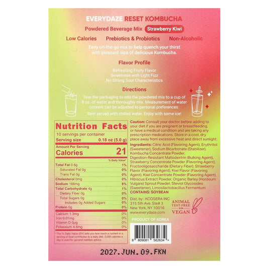 Everydaze, Reset Kombucha, Powdered Beverage Mix, Strawberry Kiwi, 10 Packets, 0.18 oz (5 g) Each