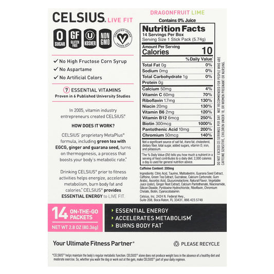 Celsius, Live Fit, Dragonfruit Lime, 14 On-The-Go Packets, 0.2 oz (5.74 g) Each