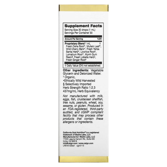 California Gold Nutrition, Bronchial Ease with Proprietary Blend of Fresh Osha Root, Great Mullein Leaf and Wild Cherry Bark, 30 ml (1 fl oz)
