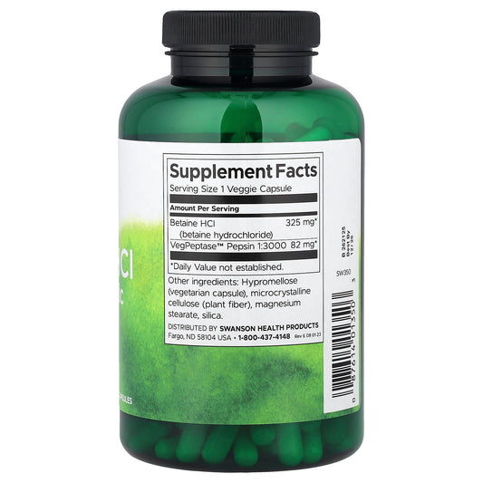 Swanson Vitamins, Betaine HCl Hydrochloric Acid with VegPeptase™, 250 Veggie Capsules