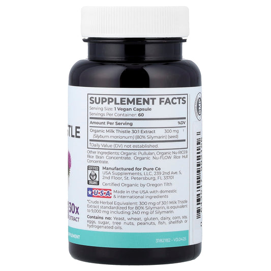 Pure Co., Organic Milk Thistle, 60 Vegan Capsules (300 mg per Capsule)