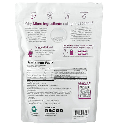 Micro Ingredients, Multi Collagen Peptides, Unflavoured, 40 Packets, 0.39 oz (11 g) Each