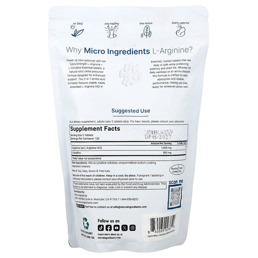 Micro Ingredients L Arginine + L-Citrulline 240 Bisected Tabs Sports Performance
