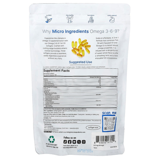 Micro Ingredients, Triple Omega 3-6-9, Lemon, 300 Capsules