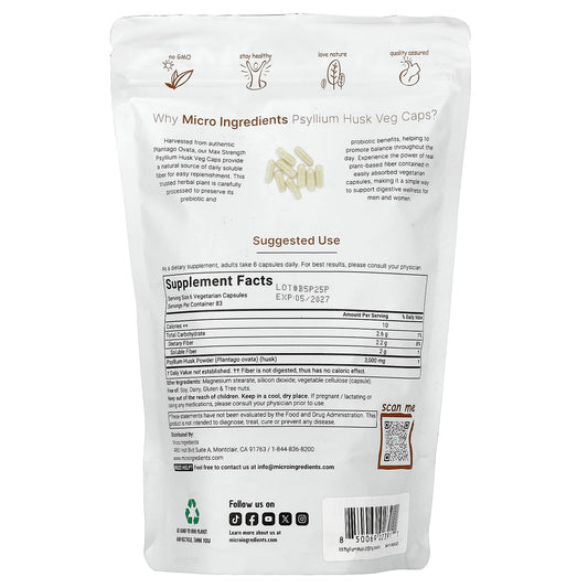 Micro Ingredients Psyllium Husk Veg Caps 500 Vegetarian Capsules