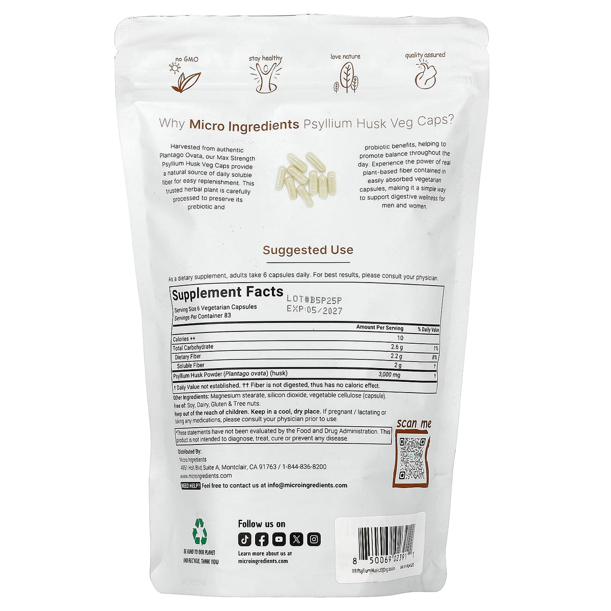 Micro Ingredients Psyllium Husk Veg Caps 500 Vegetarian Capsules