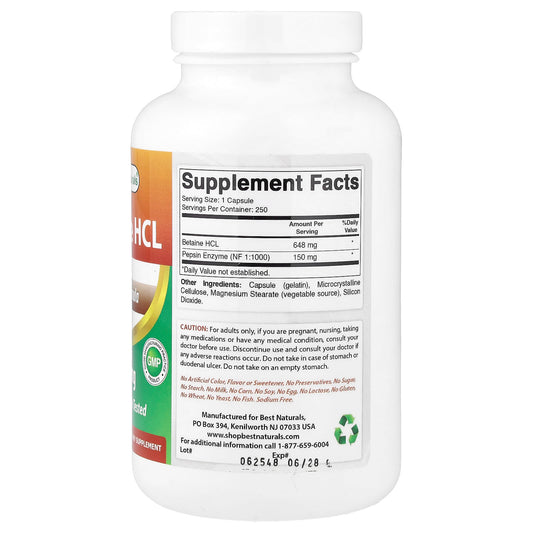 Best Naturals, Betaine HCL, 250 Capsules