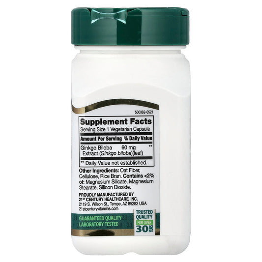 21st Century, Ginkgo Biloba Extract, Standardised, 60 Vegetarian Capsules (60 mg per Capsule)