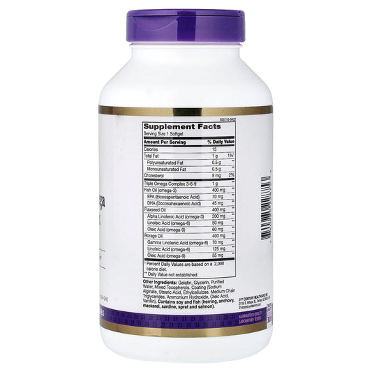 21st Century, Triple Omega Complex 3-6-9, 180 Enteric Coated Softgels