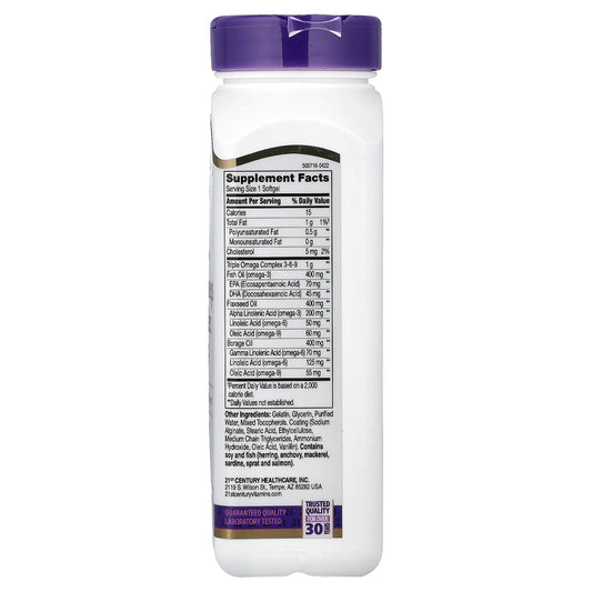 21st Century, Triple Omega Complex 3-6-9, 90 Enteric Coated Softgels