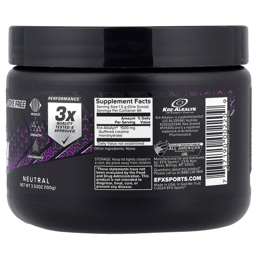 EFX Sports, PH-Correct® Creatine Monohydrate, Kre-Alkalyn® EFX Powder, Neutral, 3.53 oz (100 g)