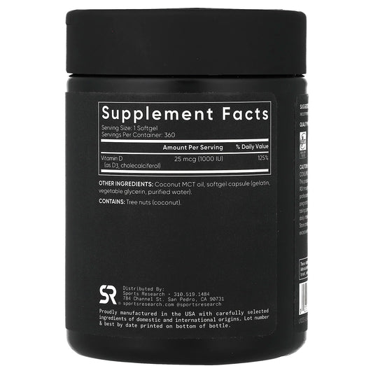 Sports Research Vitamin D3 25 mcg (1,000 IU) 360 Softgels