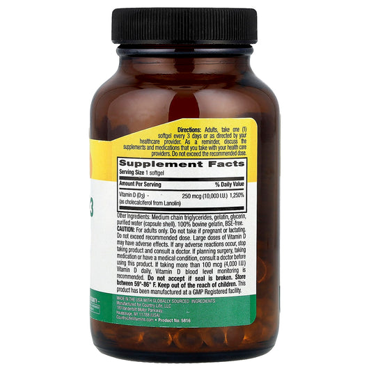 Country Life, Vitamin D3, High Potency, 250 mcg (10,000 IU), 200 Softgels