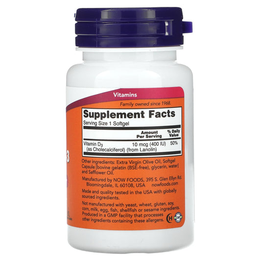 NOW Foods Vitamin D3 400 IU 180 Softgels