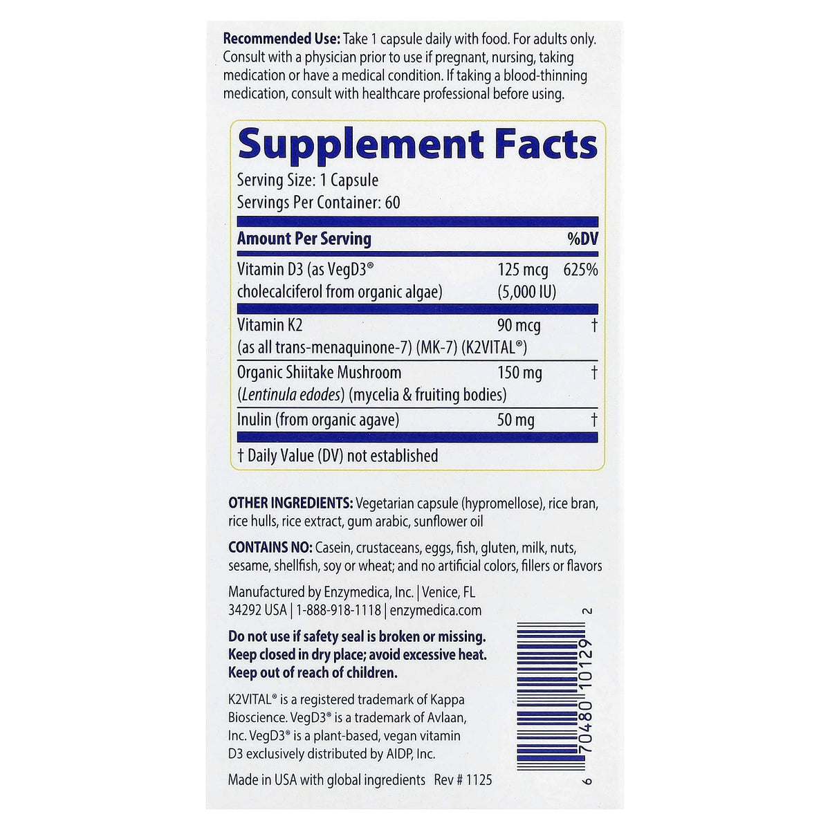 Enzymedica Vitamin D3 60 Caps