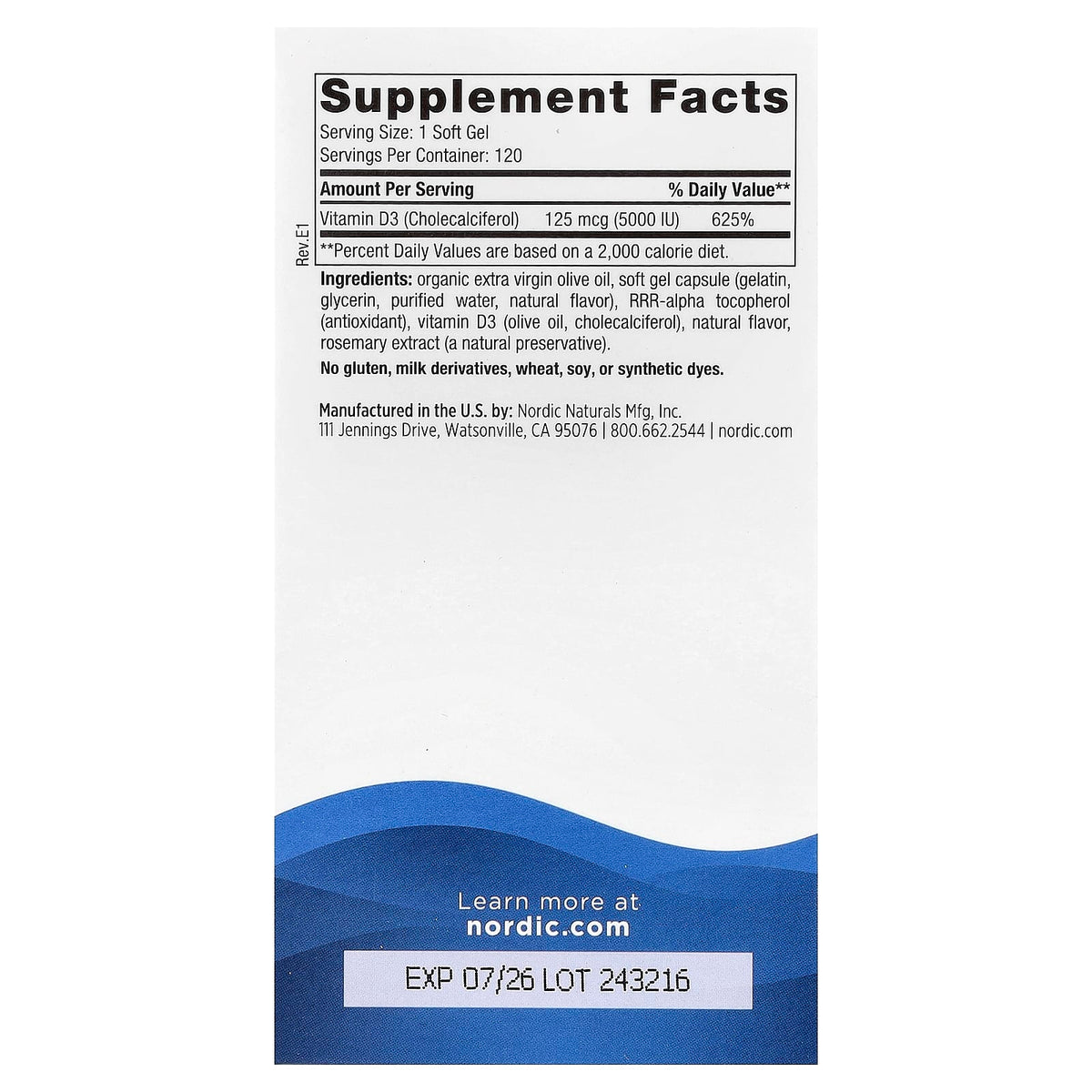 Nordic Naturals, Vitamin D3 5000, Orange, 5,000 IU, 120 Soft Gels