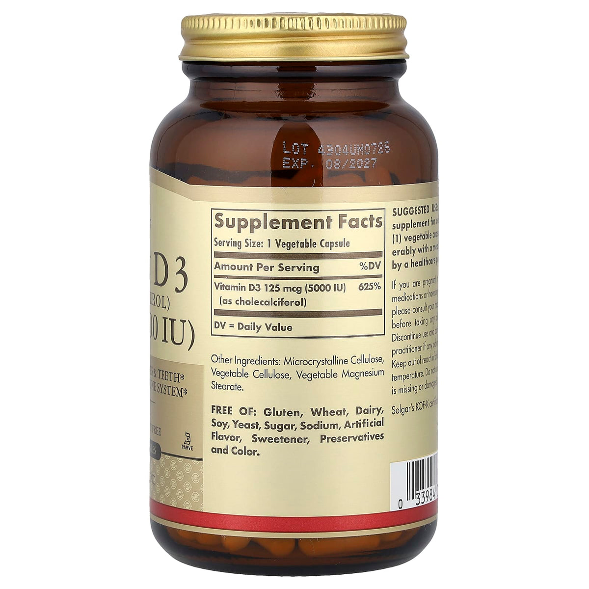 Solgar, Vitamin D3 (Cholecalciferol), 125 mcg (5,000 IU), 240 Vegetable Capsules