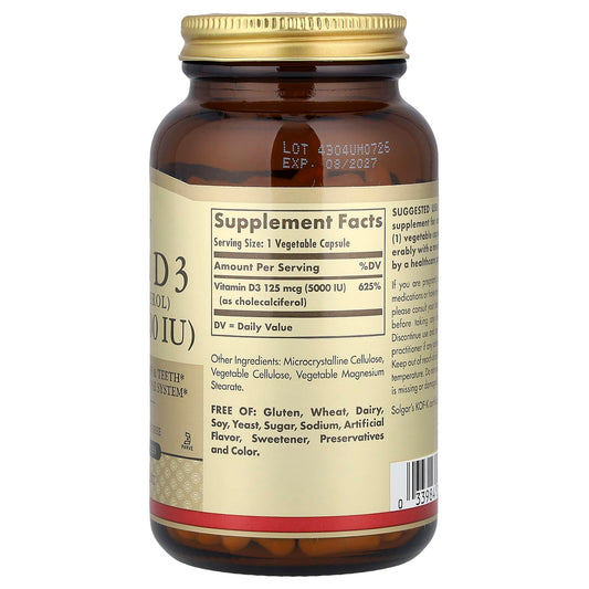 Solgar, Vitamin D3 (Cholecalciferol), 125 mcg (5,000 IU), 240 Vegetable Capsules