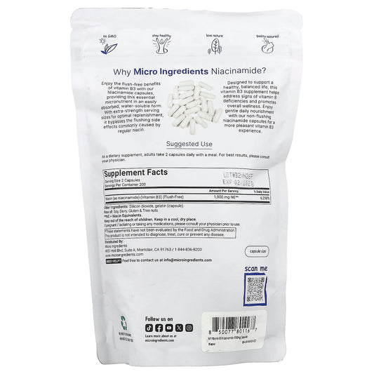 Micro Ingredients Niacinamide (Vitamin B3) 500 mg 400 Caps