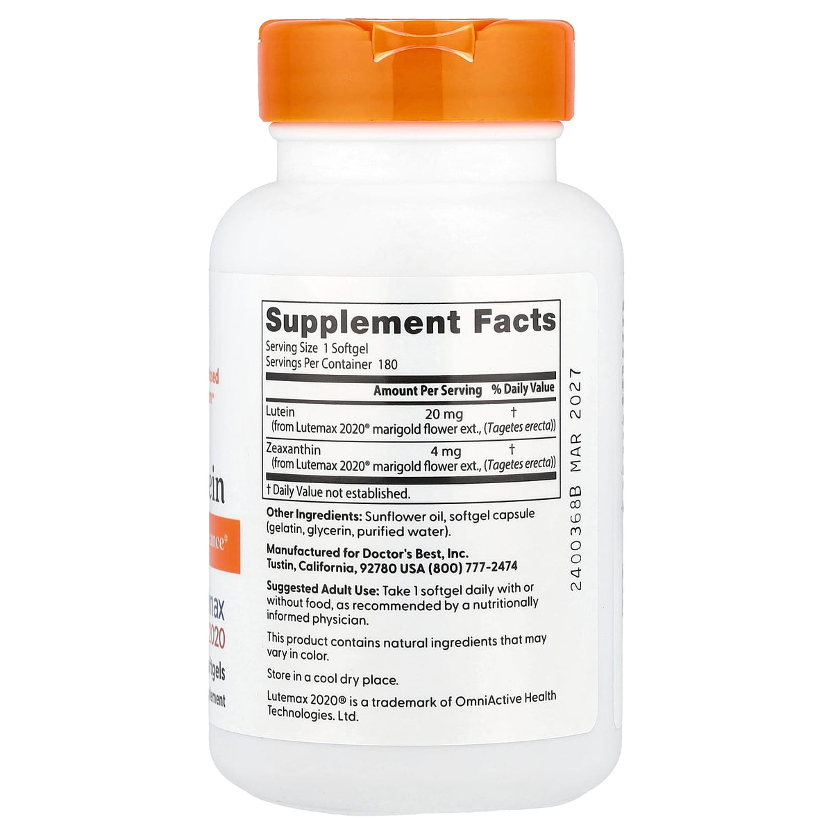 Doctor's Best Lutein, Lutemax 2020 20 mg 180 Caps