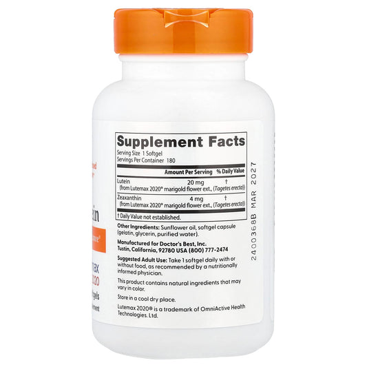 Doctor's Best Lutein, Lutemax 2020 20 mg 180 Caps
