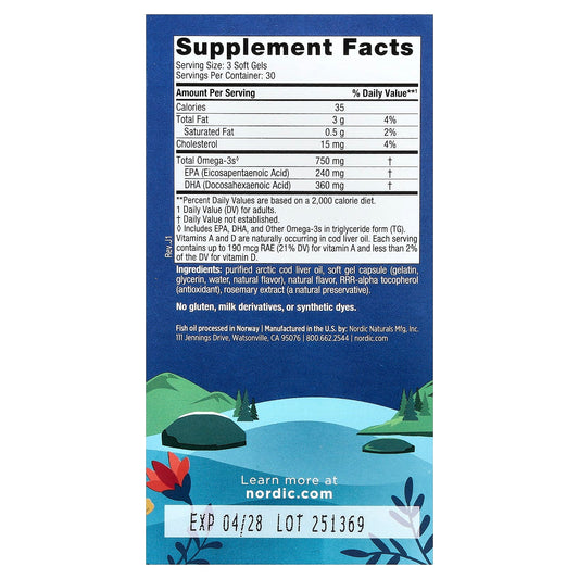 Nordic Naturals, Arctic Cod Liver Oil, Lemon, 750 mg, 90 Soft Gels