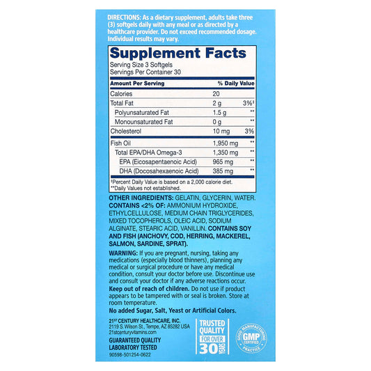 21st Century, Alaska Wild® Fish Oil, Mega Omega 3, 90 Enteric Coated Softgels