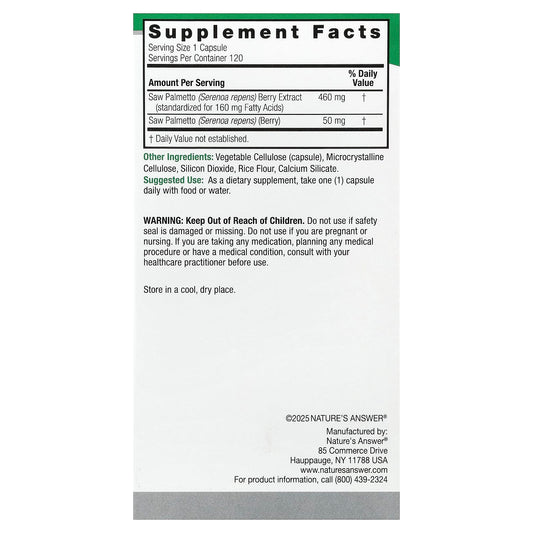 Nature's Answer, Saw Palmetto, Standardised, 120 Vegetarian Capsules