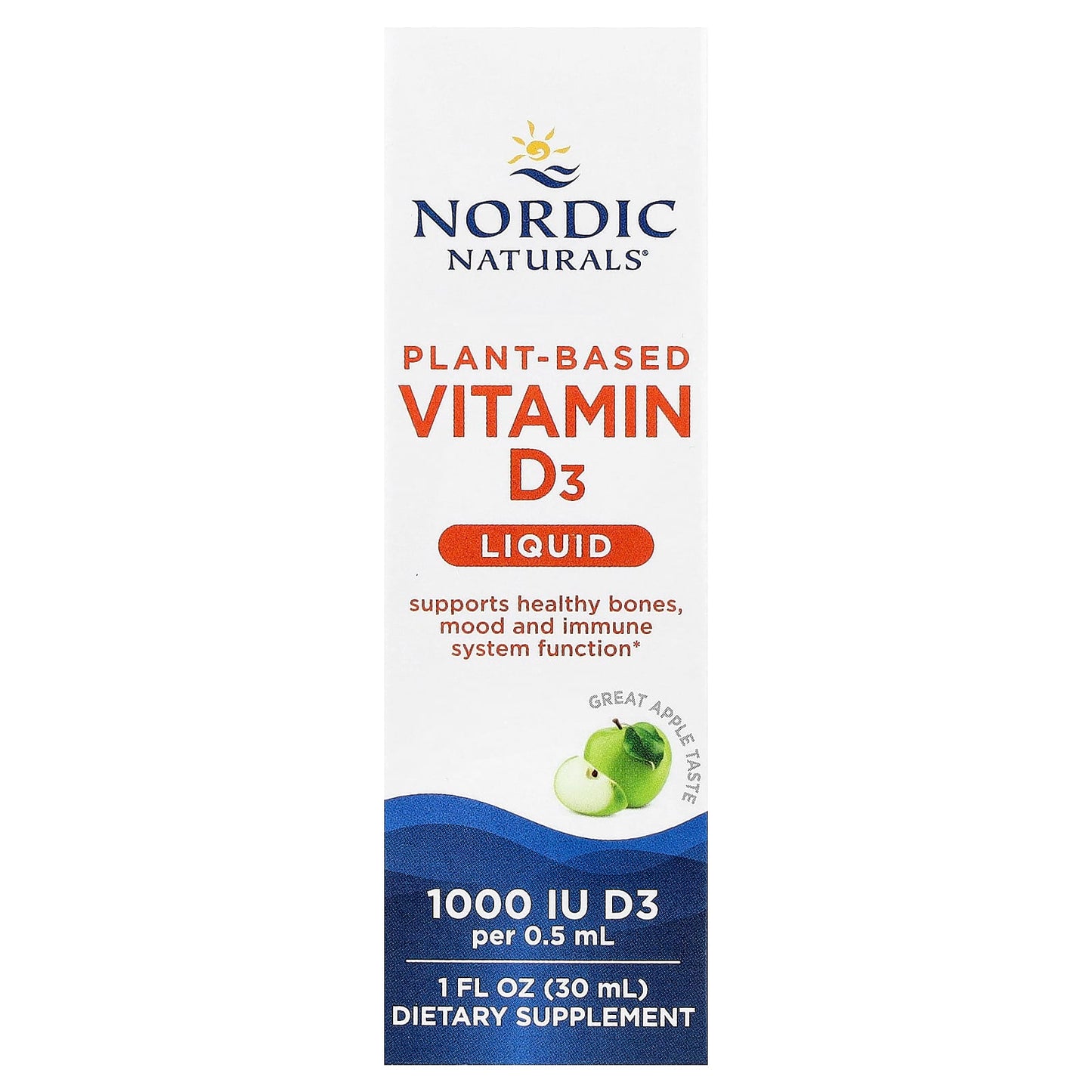 Nordic Naturals, Plant-Based Vitamin D3 Liquid, Great Apple, 25 mcg (1,000 IU), 1 fl oz (30 ml)