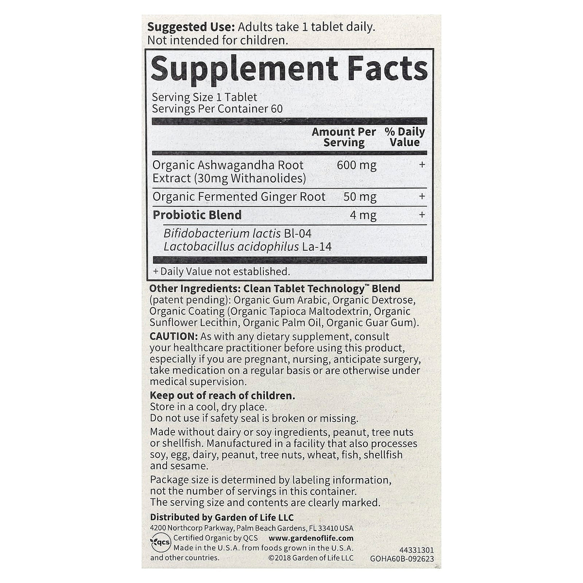 Garden of Life, MyKind Organics, Ashwagandha, 60 Vegan Tablets