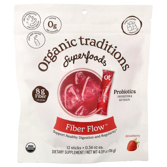 Organic Traditions, Fibre Flow™, Strawberry, 12 Sticks, 0.34 oz (9.7 g) Each