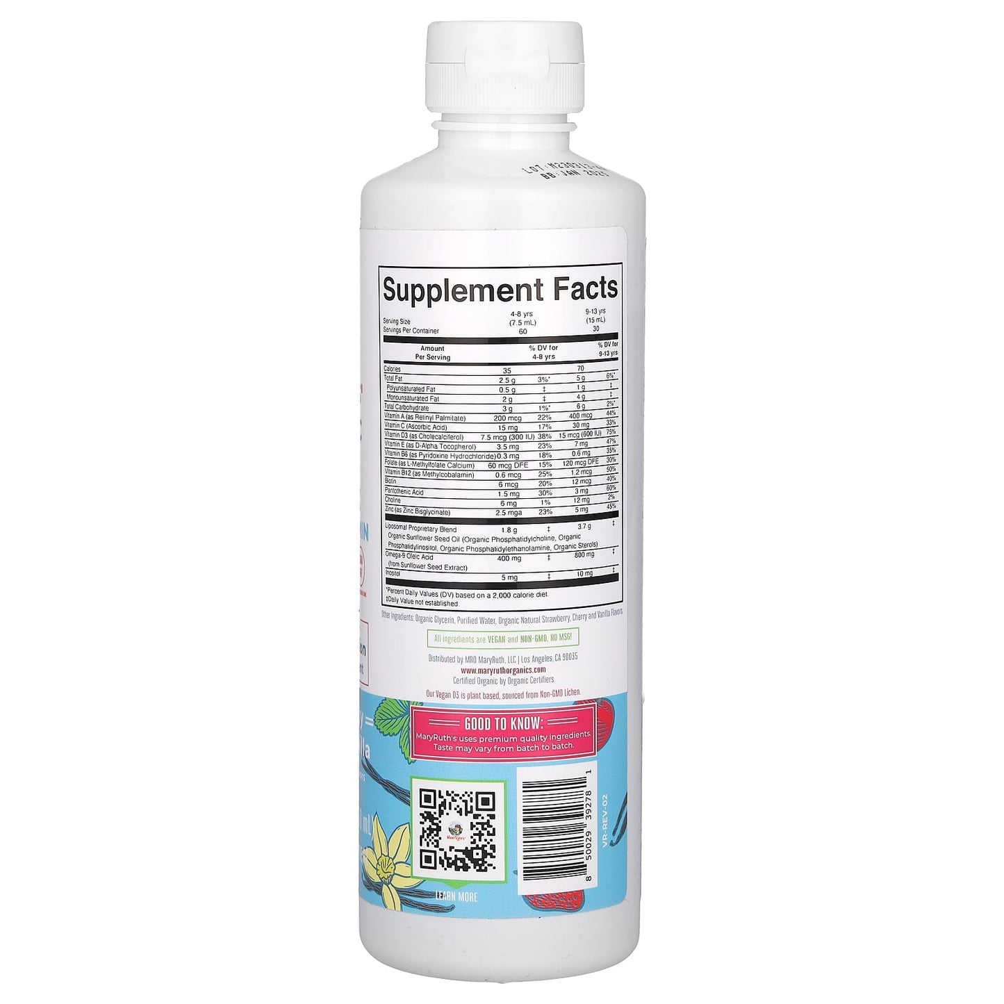 MaryRuth's, Organic Kids Multivitamin Liposomal, Ages 4-13 Years, Strawberry Cherry Vanilla, 15.22 fl oz (450 ml)