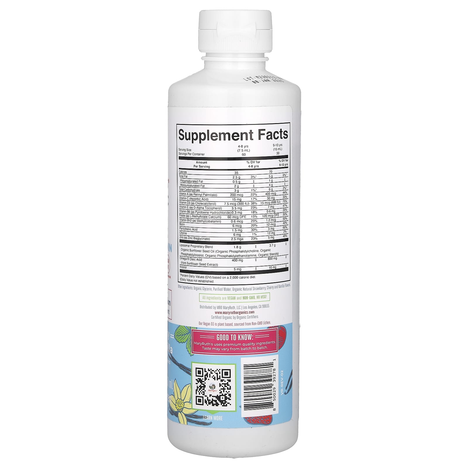 MaryRuth's, Organic Kids Multivitamin Liposomal, Ages 4-13 Years, Strawberry Cherry Vanilla, 15.22 fl oz (450 ml)