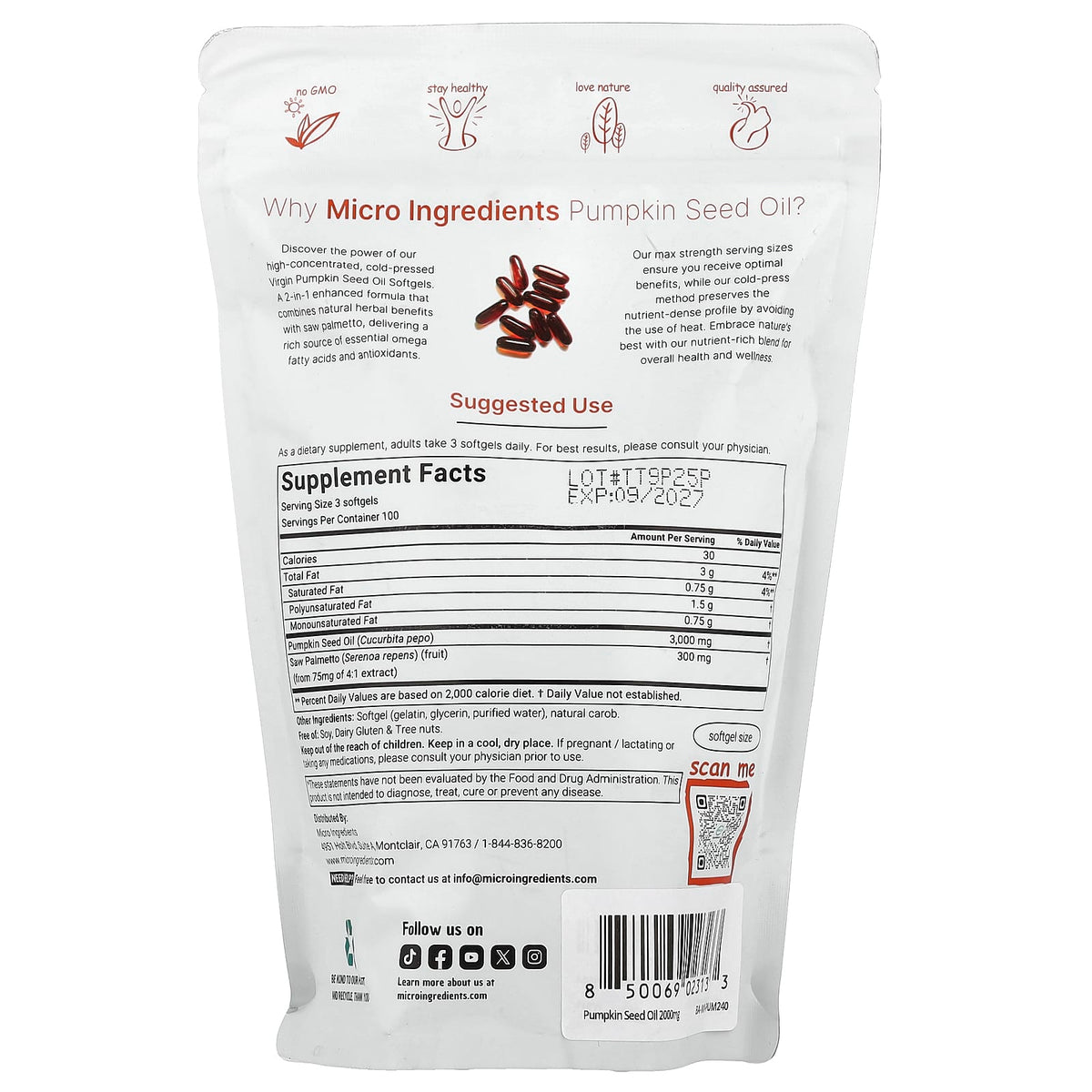 Micro Ingredients Pumpkin Seed Oil, Cold Pressed 300 Softgels