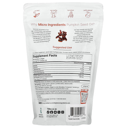 Micro Ingredients Pumpkin Seed Oil, Cold Pressed 300 Softgels