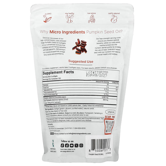 Micro Ingredients Pumpkin Seed Oil, Cold Pressed 300 Softgels