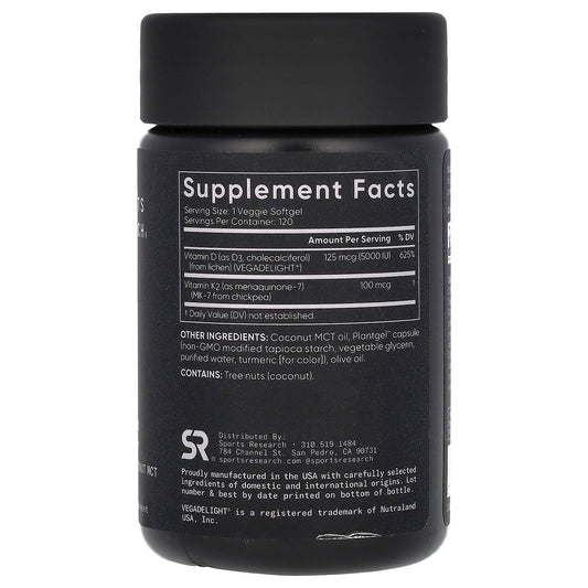 Sports Research D3 + K2, Plant-Based 120 Softgels