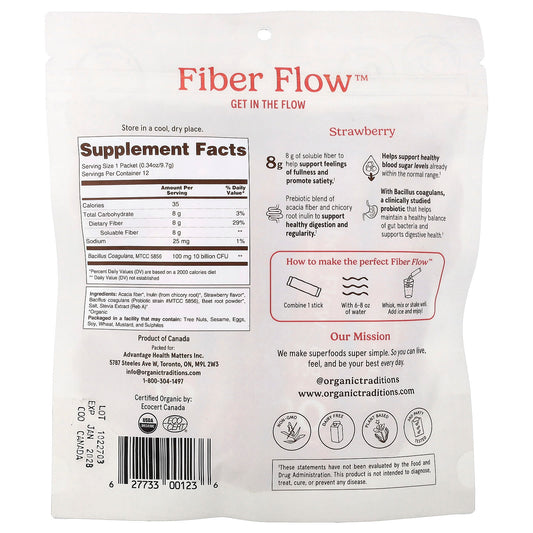 Organic Traditions, Fibre Flow™, Strawberry, 12 Sticks, 0.34 oz (9.7 g) Each