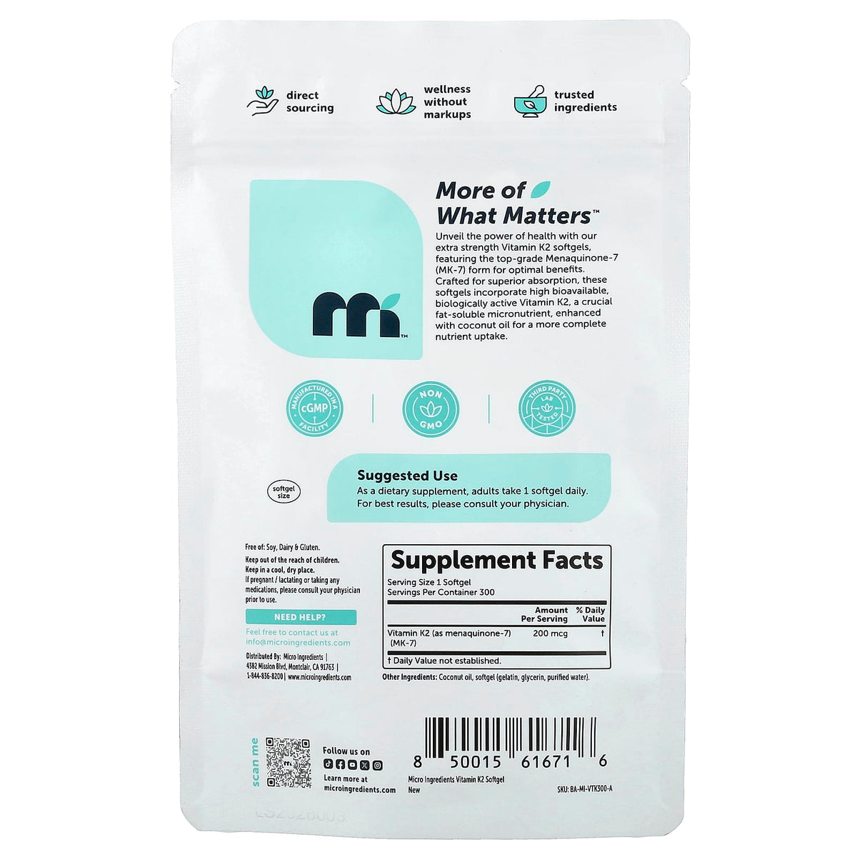 Micro Ingredients Vitamin K 200 mcg 300 Softgels
