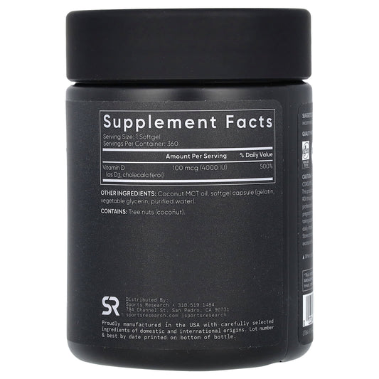 Sports Research, Vitamin D3, 100 mcg (4,000 IU), 360 Softgels