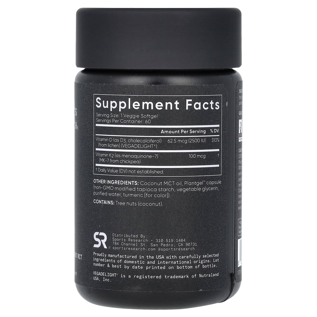 Sports Research D3 + K2, Plant-Based, / 62.5 mcg 60 Softgels
