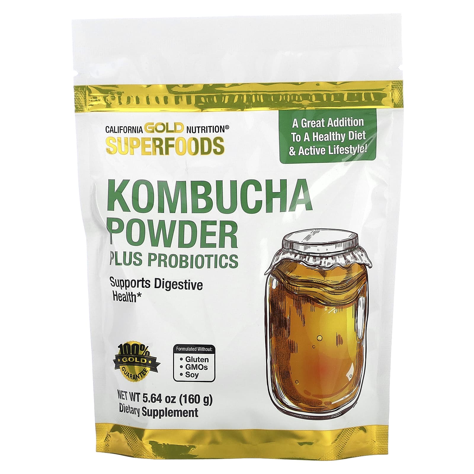 California Gold Nutrition, Superfoods, Kombucha Powder with Kombucha, Brewed Apple Cider Vinegar and Soluble Tapioca Fibre Plus Probiotics, 5.64 oz (160 g)