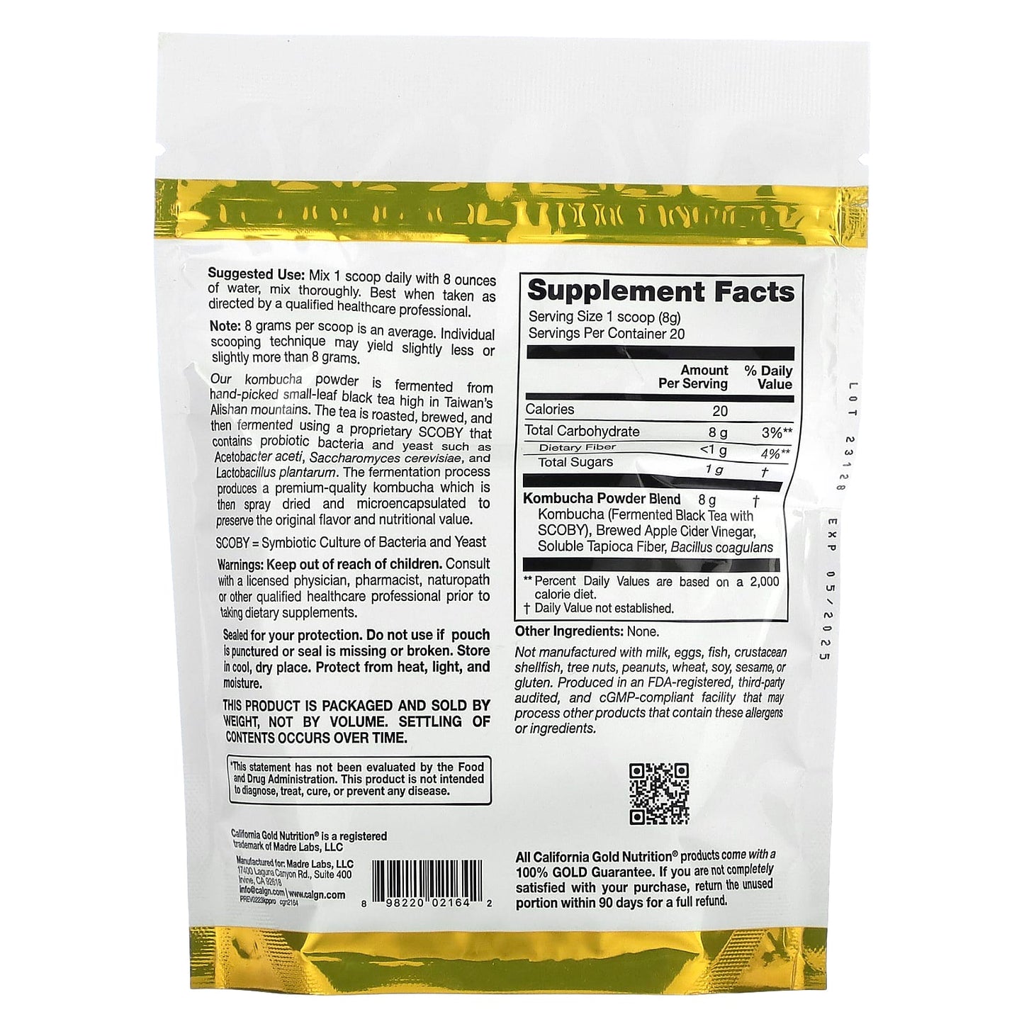 California Gold Nutrition, Superfoods, Kombucha Powder with Kombucha, Brewed Apple Cider Vinegar and Soluble Tapioca Fibre Plus Probiotics, 5.64 oz (160 g)