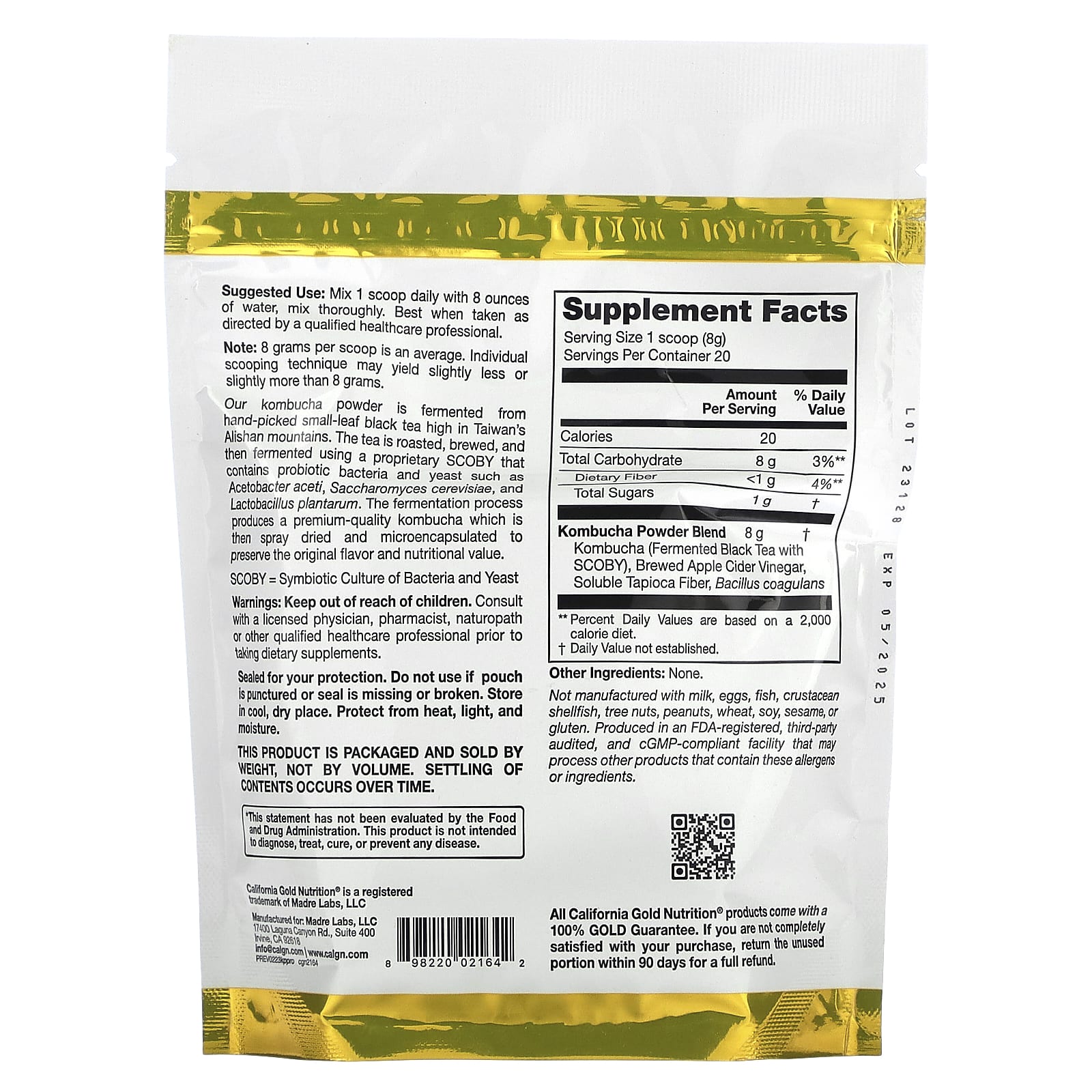 California Gold Nutrition, Superfoods, Kombucha Powder with Kombucha, Brewed Apple Cider Vinegar and Soluble Tapioca Fibre Plus Probiotics, 5.64 oz (160 g)