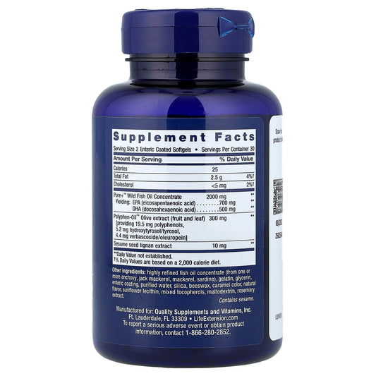 Life Extension, Super Omega-3, EPA/DHA Fish Oil, Sesame Lignans & Olive Extract, 60 Enteric Coated Softgels