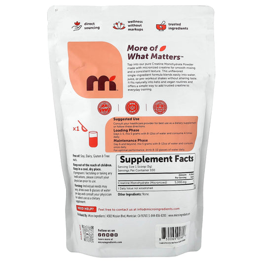 Micro Ingredients, Creatine Monohydrate Powder, Unflavoured, 500 g (17.6 oz)